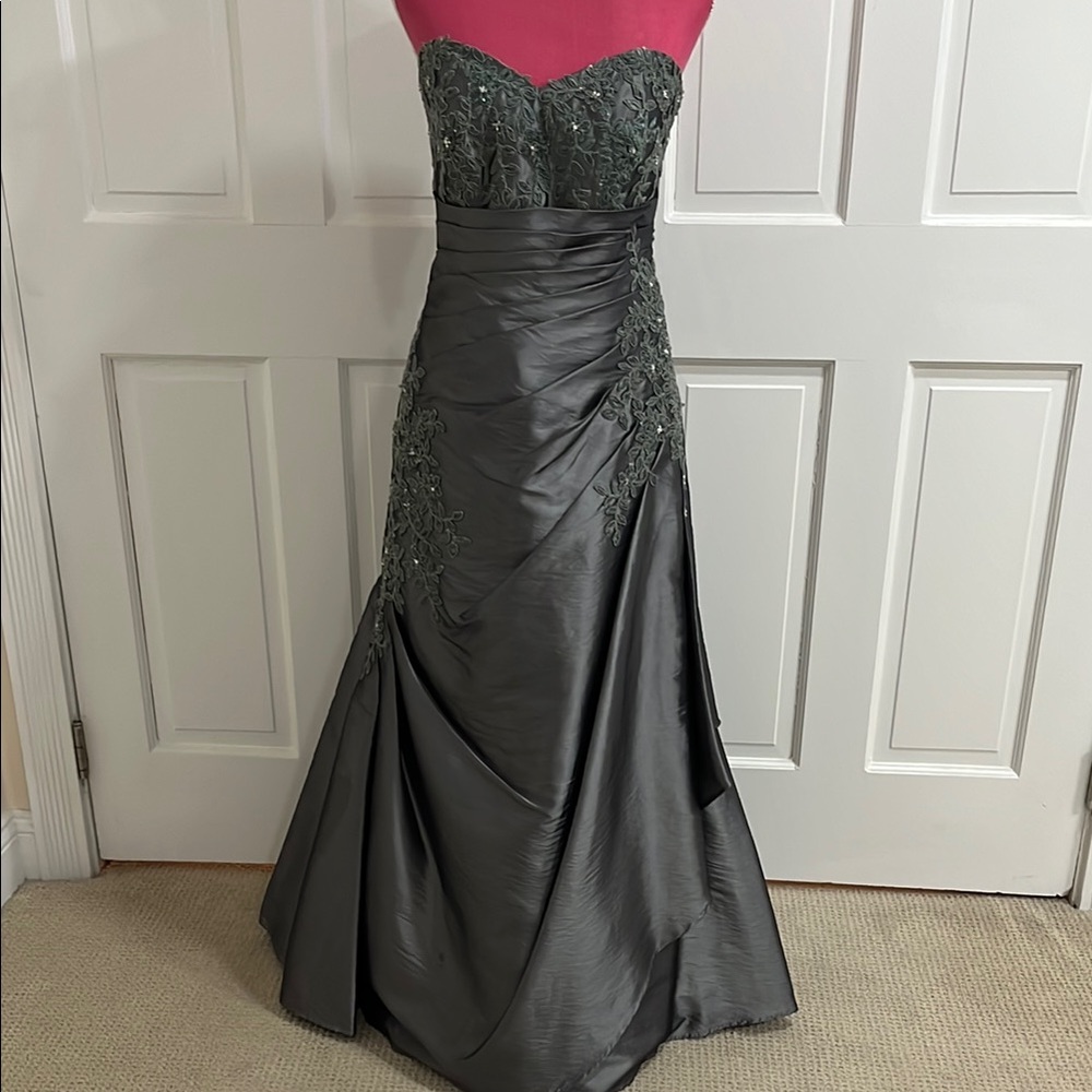 Elegant Gray Strapless Evening Gown with bolero jacket.